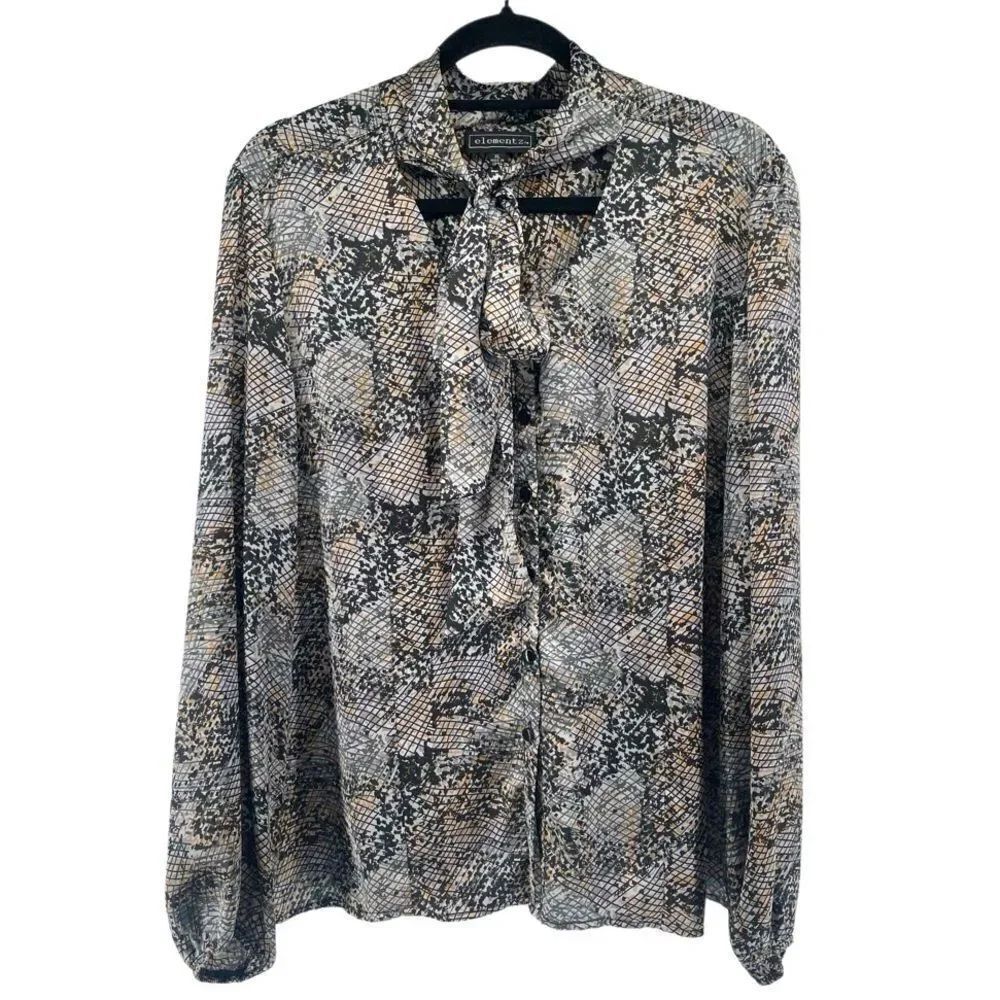 Elementz Women’s XL Black Gray Animal Print Tie Neck Blouse Puff Sleeve